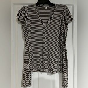Ella Moss, V neck shirt. Light pink and black stripe. Rouched, extra long sleeve
